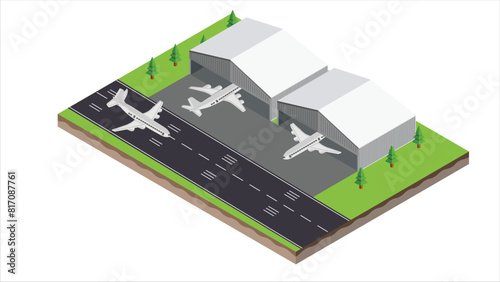 isometric scene of transport airplane in runway and hangar