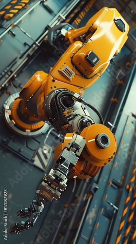Success of a robotic arm in manufacturing  top view  showcasing precision  Scifi tone  Splitcomplementary color scheme