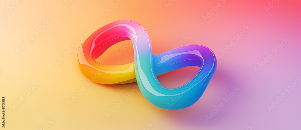 This is a digitally rendered 3d illustration of an infinity symbol with a smooth gradient, showcasing a spectrum of vibrant colors on a soft, warm gradient background