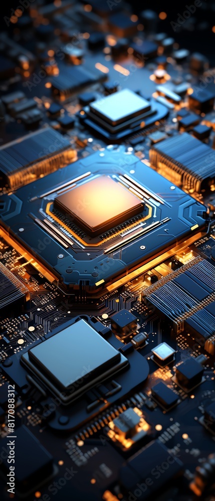 Fototapeta premium Quantum chip cooling system, top view, maintaining efficiency, electric blue and silver, futuristic tone, Complementary Color Scheme