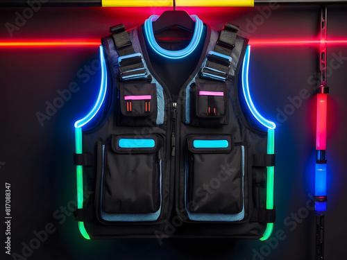 laser tag vest hanging on a rack with a glowing lights design.