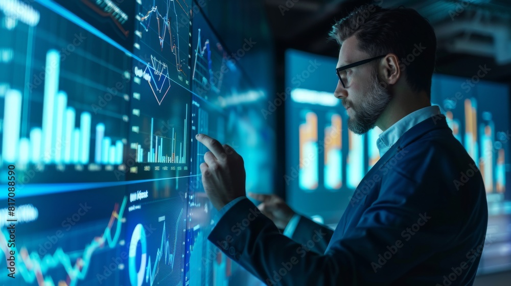 Financial planner explaining a growth graph to clients during a meeting, using a large screen. Financial planner explaining a growth graph to clients during a meeting, using a large screen.