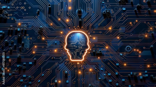 Illustration of a circuit board background with a central AI icon, surrounded by electronic components, illustrating the core of robotic intelligence