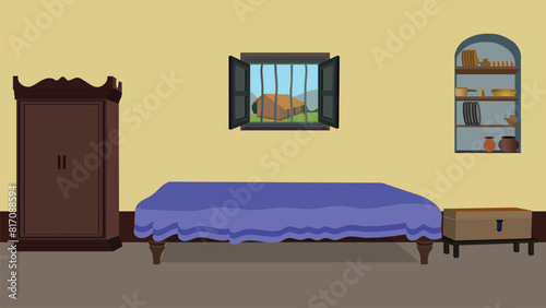 Illustration of village house interior. Indian bedroom indoor design.  poor Indian  village home  vector art