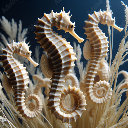 seahorses are depicted with intricate details
