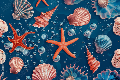 Vibrant underwater scene with colorful sea shells  starfish  and bubbles on blue background