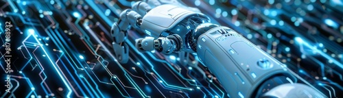 Photo of a robotic arm icon positioned on a background of electronic circuits, showcasing the precision and efficiency of AIcontrolled machinery