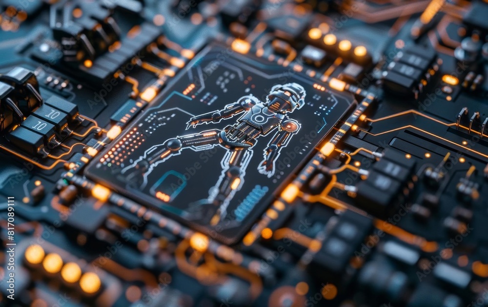 Photo of a futuristic robot icon integrated into an electronic circuit, highlighting the role of AI in modern technology Photo of a futuristic robot icon integrated into an electronic circuit, highlighting the role of AI in modern technology
