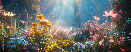 Illustrate a utopian garden blooming with technological marvels
