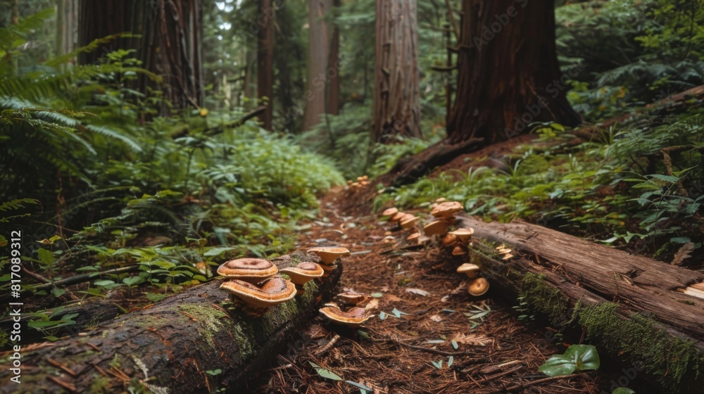 Forest trail with fallen logs and mushrooms, capturing the essence of a peaceful woodland hike. Forest trail with fallen logs and mushrooms, capturing the essence of a peaceful woodland hike.