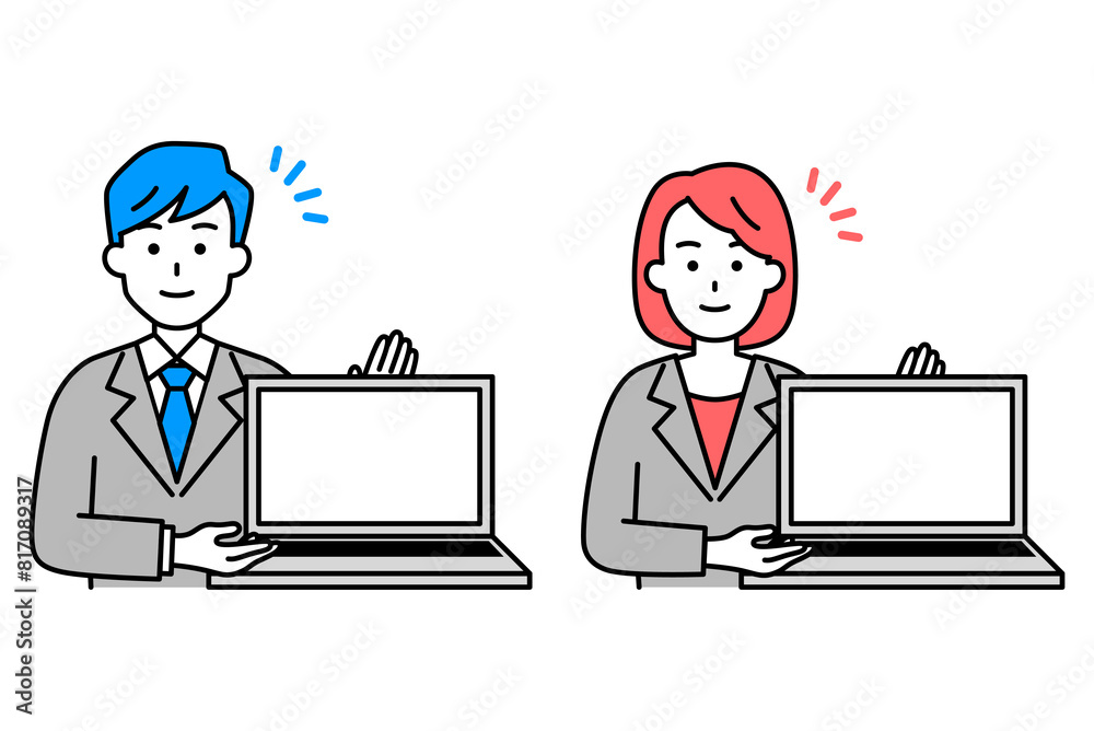 ノートパソコンの画面を見せるスーツの男女　セット