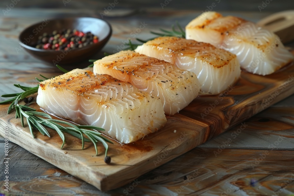 Cod fish fillets arranged on a cutting board, suitable for cooking tutorials. Cod fish fillets arranged on a cutting board, suitable for cooking tutorials.