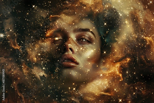 Golden Cosmic Beauty  Surreal Digital Art of a Woman with a Nebulous Background