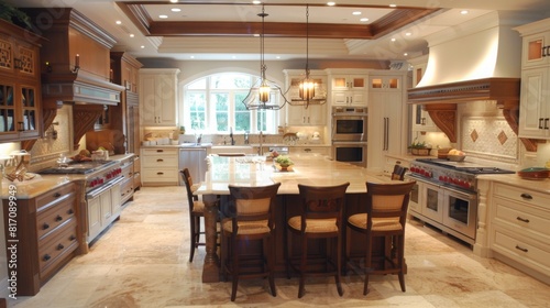 A well-lit kitchen featuring a large central island with bar stools, modern appliances, and ample cabinetry under daylight.