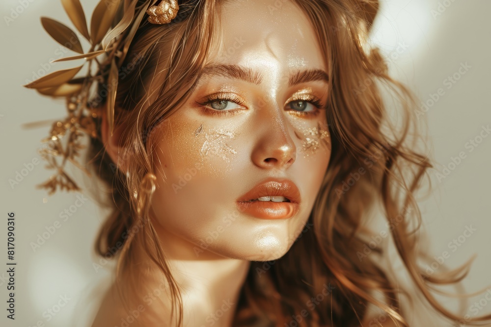Ethereal Aphrodite-Inspired Goddess with Golden Makeup and Laurel Crown
