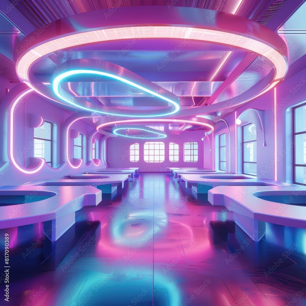 Futuristic classroom with vibrant neon lights and curved tables, advanced learning environment. Futuristic classroom with vibrant neon lights and curved tables, advanced learning environment.