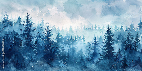 Watercolor panorama of the fir forest. Magical winter forest   photo