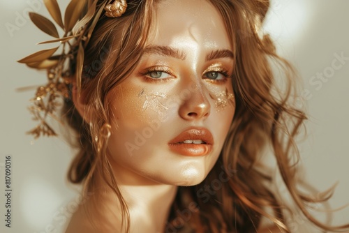 Ethereal Aphrodite-Inspired Goddess with Golden Makeup and Laurel Crown
