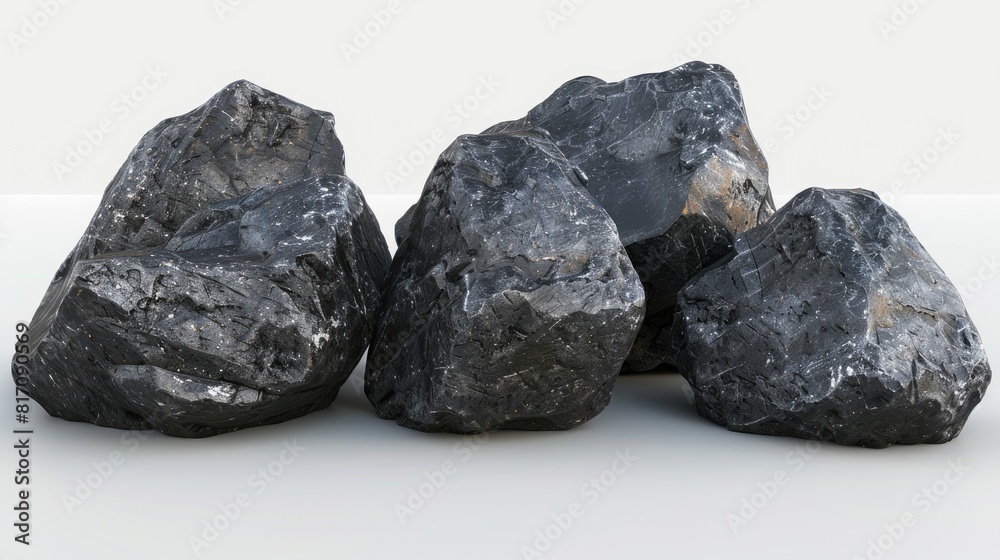 Dance of Shadows: A Group of Obsidian Rocks on a Blank Canvas