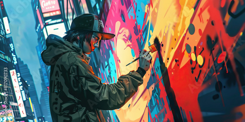 A synthetic street artist paints a mural on a cyberpunk wall, their creation a testament to their abilities