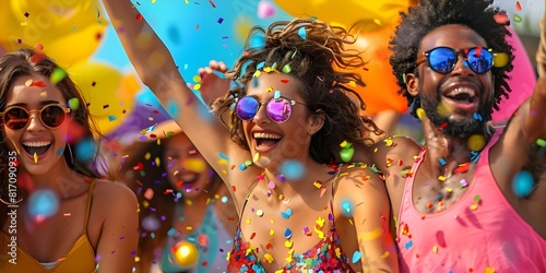 Friends dancing and celebrating joyously with colorful confetti at a stylish carnival. Concept Friendship, Celebration, Dancing, Colorful, Carnival