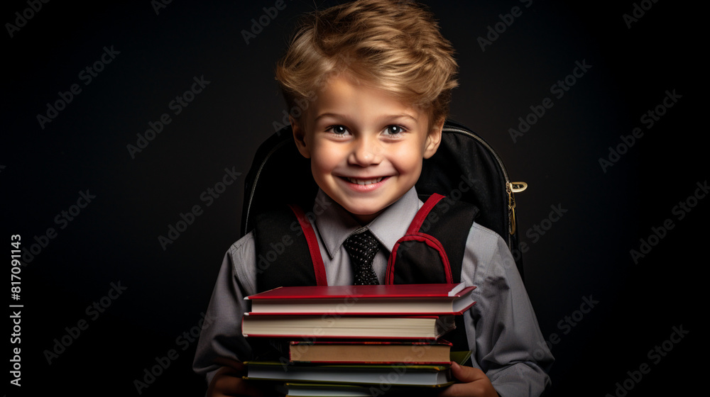 little cute boy holding books in a black background little cute boy holding books in a black background
