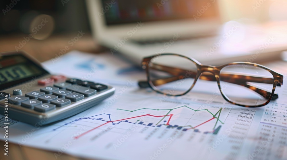 Graph with fluctuating lines on a financial report, accompanied by a calculator and glasses on a desk. Graph with fluctuating lines on a financial report, accompanied by a calculator and glasses on a desk.