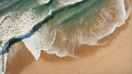 a breathtaking aerial view of ocean waves breaking along a sandy beach, with intricate patterns of white foam beautifully contrasting against the rich colors of the sea and shore