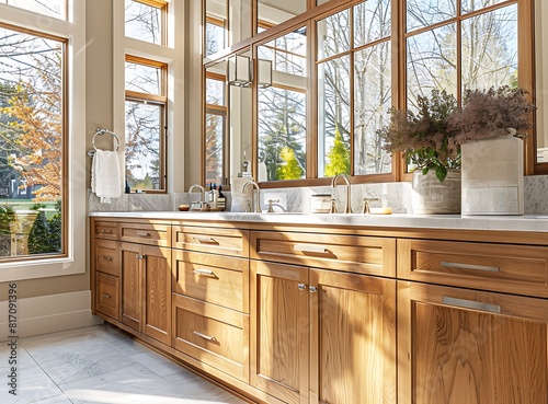 A large wooden vanity cabinet with a double sink and a window above it in the bathroom of an elegant home, with a modern style interior design and natural light from windows photo