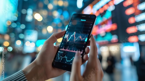 Hands holding a smartphone displaying a real-time stock market graph, with a busy office background.