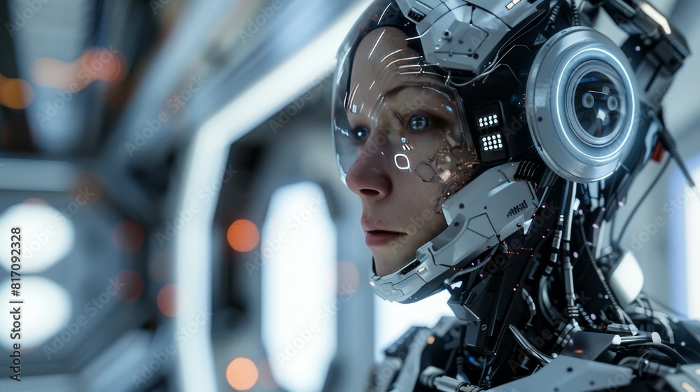 Fototapeta premium Photorealistic portrait of a humanoid robot with sleek metallic skin, glowing eyes, and intricate circuitry visible beneath transparent panels. The humanoid is standing in a futuristic laboratory