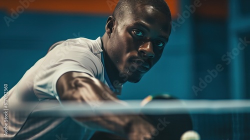 Black man practicing table tennis sport, person is focused and enjoying the sport, sports photography, generative ai. photo
