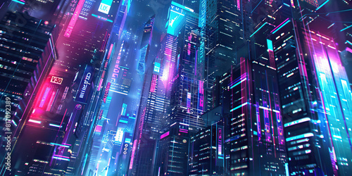 A cyberpunk cityscape, neon lights reflecting off towering buildings and information streaming through the air.