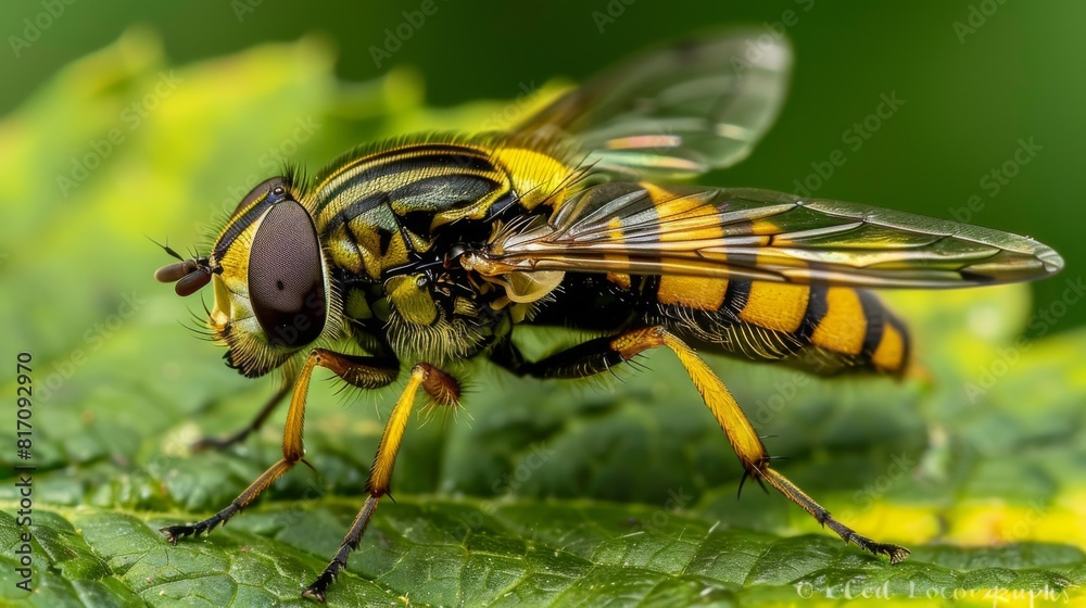 Hoverfly resting on a leaf, with its distinctive hovering behavior captured in a moment of stillness. Hoverfly resting on a leaf, with its distinctive hovering behavior captured in a moment of stillness.