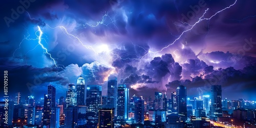 Impact of Climate Change  Urban Landscape Illuminated by Lightning During Stormy Night. Concept Climate Change  Urban Landscape  Lightning Storm  Night Photography  Environmental Impact