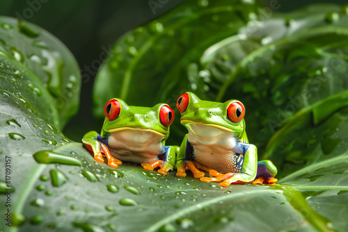 Front close up view of two funny red-eyed tree frogs (Agalychnis callidryas) on a  green leaf with water drops after the rain, wildlife in a tropical rainforest of South America