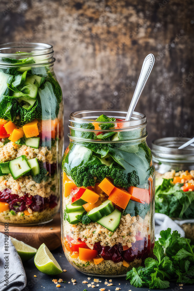 Healthy Homemade Mason Jar Salad with Quinoa and Vegetables - Healthy food, Diet, Detox, Clean Eating or Vegetarian concept