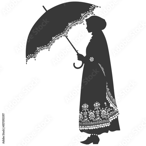 silhouette independent russian women wearing sarafan with umbrella black color only