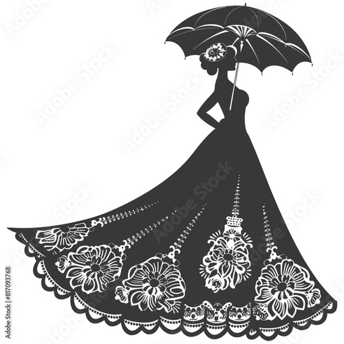 silhouette independent russian women wearing sarafan with umbrella black color only