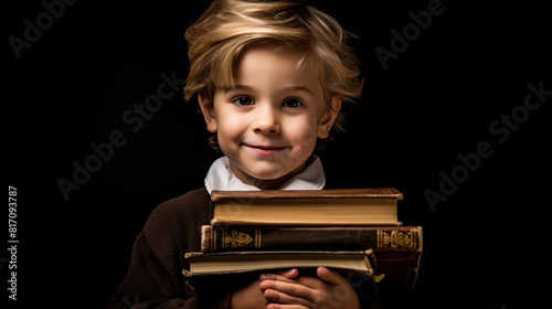 little cute boy holding books in a black background