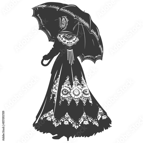 silhouette independent russian women wearing sarafan with umbrella black color only