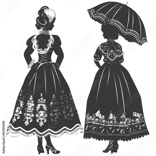 silhouette independent russian women wearing sarafan with umbrella black color only