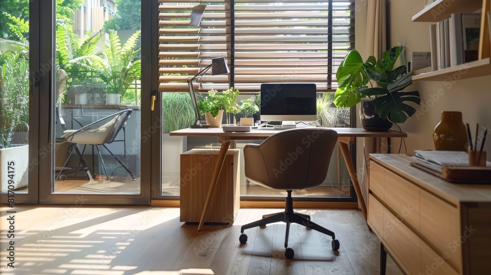 Fototapeta premium Interior of a minimalist home office with a simple desk, ergonomic chair, and ample natural light.