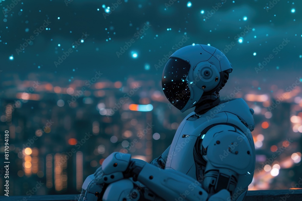 Fototapeta premium Nightwatch Nexus: Android Absorbed in Celestial Wonder