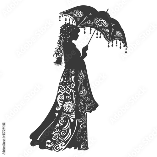 silhouette independent russian women wearing sarafan with umbrella black color only