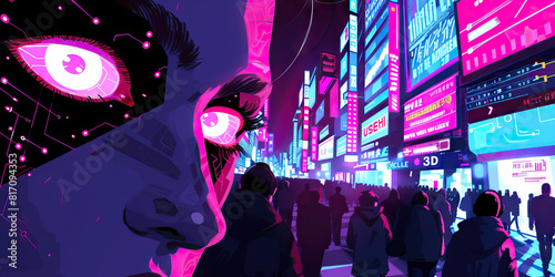 A netrunner blends seamlessly into the crowd, their eyes darting between neon signs and information overload.  photo