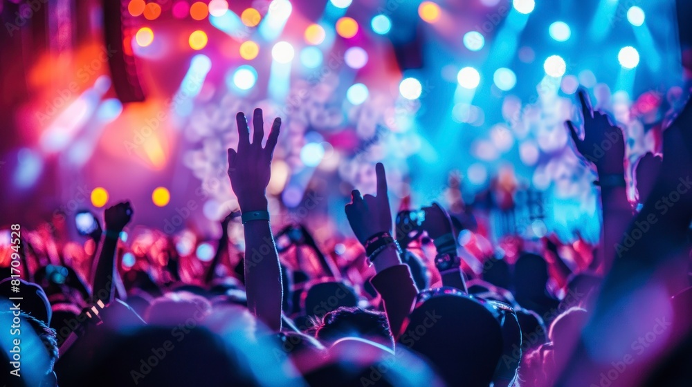 group of people with their backs turned at a concert with neon lights