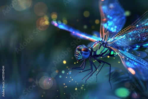 Close up of a dragonfly with iridescent wings that shimmer with bioluminescent lights