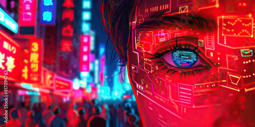 A netrunner blends seamlessly into the crowd, their eyes darting between neon signs and information overload.  photo