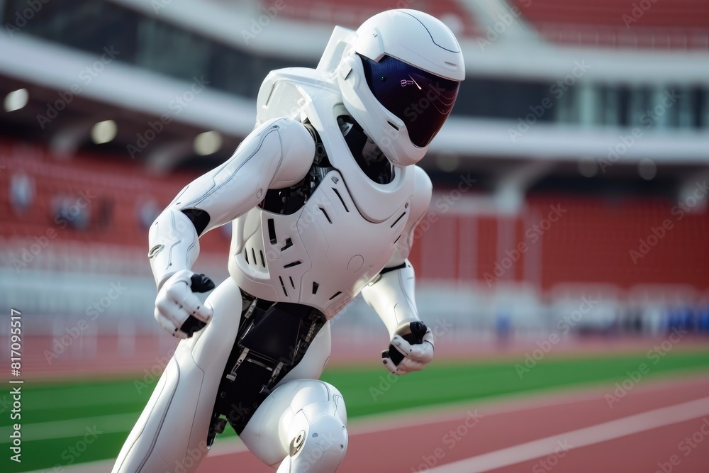 Fototapeta premium Digital Dash: White Robotic Runner at the Olympic Track